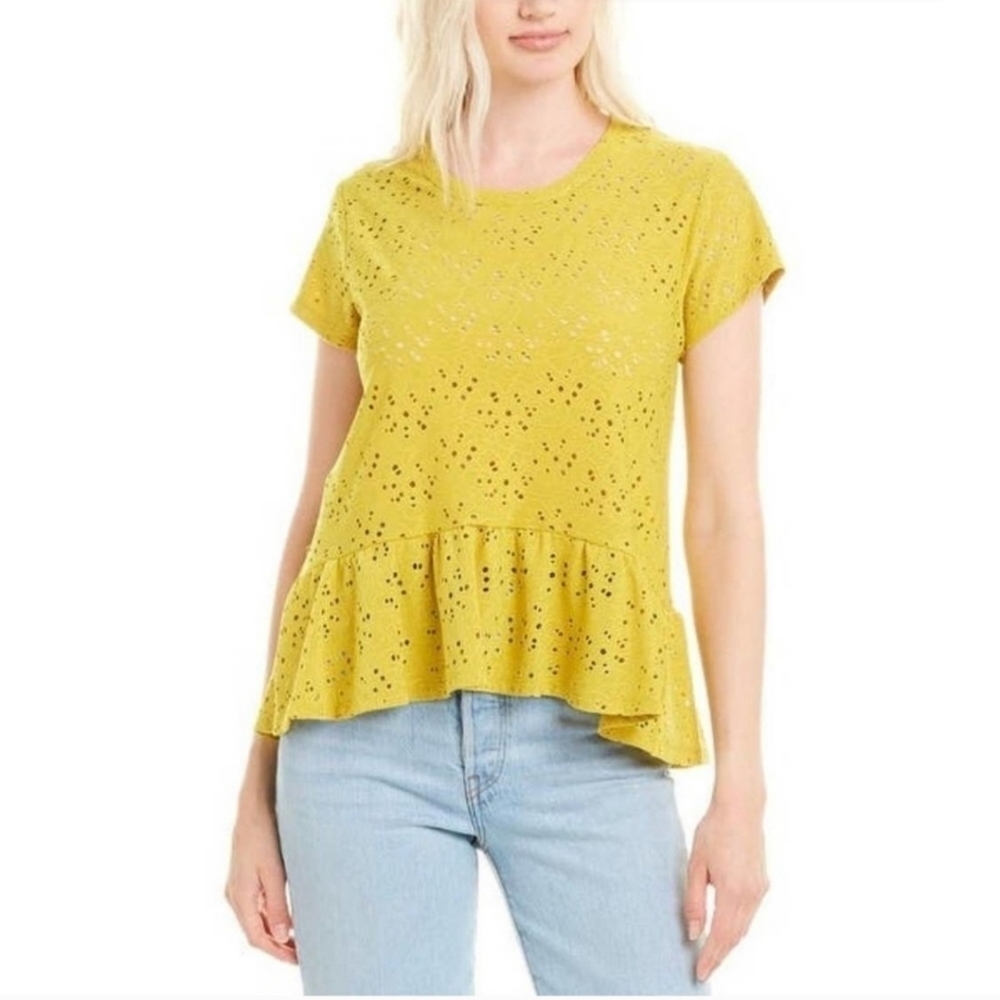 NANETTE YELLOW mustard short Sleeves Eyelet Relaxed Fit Casual Top Size L